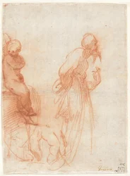 a) Studi di figure e di una mano (recto); b) Studi di un toro (verso), 1530 circa (gesso rosso su carta)