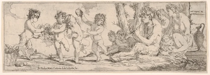 Baccanale con satiro che suona un liuto e circondato da quattro figure, che guardano verso un s..., 1640-60