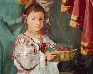La ninfa Amaryllis incoronata vincitrice di una gara di baci, affresco di Giulio Carpioni, ispirato al dramma pastorale „Il pastor fido“ di Giovanni Battista Guarini (1538-1612), Villa Caldogno (Lista del Patrimonio mondiale UNESCO)