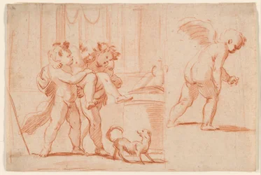 Due putti che portano un terzo putto; un altro putto di spalle