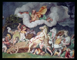 Achille che trascina il corpo di Ettore sul suo carro, dettaglio dal soffitto della Sala di Troia, c.1538