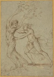 Apollo e Dafne (penna e inchiostro marrone su carta vergata verde-blu)