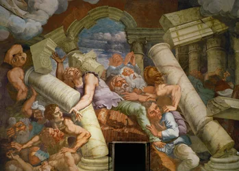 I giganti che attaccano vengono schiacciati dal crollo degli edifici (affresco)