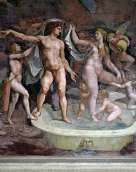 Bagno di Marte e Venere, affresco di Giulio Romano (1499-1546), parete nord della Camera di Amore e Psiche, Palazzo Te, Mantova (Lista del Patrimonio Mondiale UNESCO, 2008), Lombardia, Italia