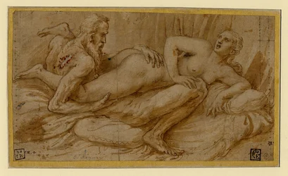 Scena erotica di Giulio Romano (1499-1546), dopo il 1524 - Penna, pennello, inchiostro di China bruno, bianco, gesso nero su carta