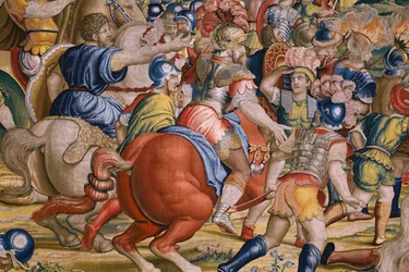 Arazzo fiammingo. Serie Le gesta di Scipione: La battaglia di Zama. Cartonista Giulio Romano. Atelier di Balthasar van Vlierden (?), Bruxelles. 1523-1532. (dettaglio)