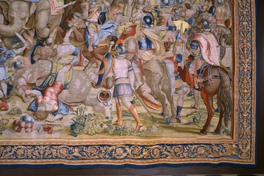 Arazzo fiammingo. Serie Le gesta di Scipione: La battaglia di Zama. Cartonista Giulio Romano. Atelier di Balthasar van Vlierden (?), Bruxelles. 1523-1532. (dettaglio)
