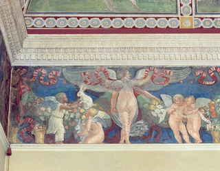 Fregio dalla Camera con Fregio di Amorini, Camera del Fregio degli Amorini, dettaglio di due amorini, uno nero, che giocano con conigli, anni 1520