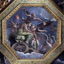 Venere furiosa assegna Psiche a Cupido per punirla. Affresco di Giulio Pippi de
