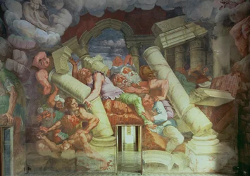 Sala dei Giganti, dettaglio della distruzione dei giganti ad opera dei fulmini di Giove, affresco del 1536, per il dettaglio vedi 78488