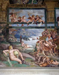 Festa nuziale o Banchetto degli dei, affresco di Giulio Romano (1499-1546), parete ovest della Camera di Amore e Psiche, Palazzo Te, Mantova (Lista del Patrimonio Mondiale UNESCO, 2008), Lombardia, Italia