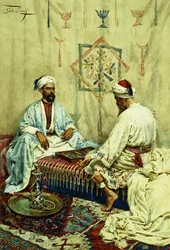 Arabi che giocano a backgammon in un interno