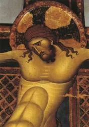 Primo piano di un murale di Gesù Cristo, Chiesa di San Domenico, Giunta Pisano, Bologna, Emilia Romagna, Italia