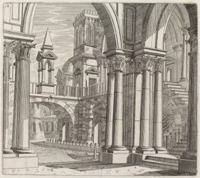 Fantasia architettonica con edifici, scale e portali accanto a un canale