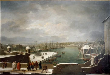 Veduta del porto di Genova coperto di neve