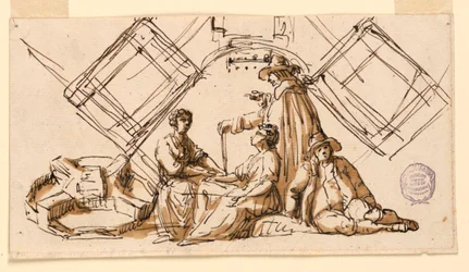 Parte di un foglio di un libro di disegni: figure e piani architettonici