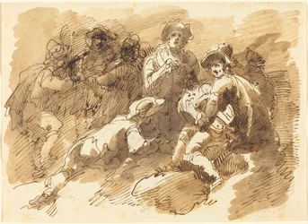 Una riunione conviviale con un uomo che suona una ghironda