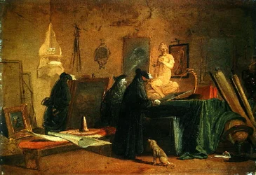 Connoisseurs in costume di carnevale in un interno con quadri e oggetti d