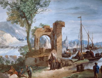 Veduta immaginaria: Porto con rovine e cascata