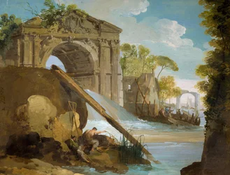 Veduta immaginaria: Fiume con pescatori e rovine, di Giuseppe Bernardino Bison (1762-1844)
