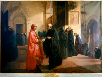 Dante Alighieri consegna a frate Ilario un quaderno contenente parte della Divina Commedia