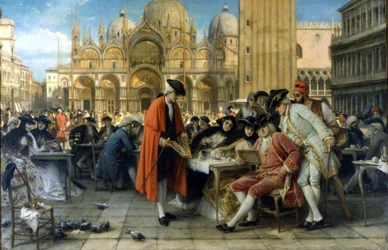 Il pittore Francesco Guardi vende i suoi dipinti davanti al Caffè Florian. 1892. Dipinto di Giuseppe Bertini. Galleria d