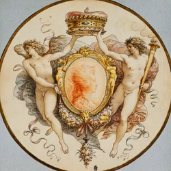 Ritratto ovale di una donna di profilo con una cornice decorativa di grottesche e festoni, con figure allegoriche di Fama e Vittoria ai lati che tengono una corona