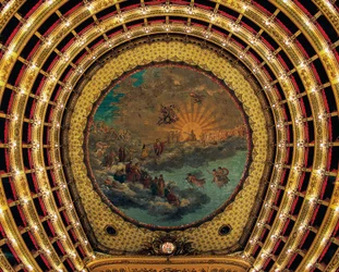 Soffitto dipinto da Giuseppe Cammarano (1766-1850), Teatro San Carlo (Teatro Reale di San Carlo), Napoli, Campania, Italia