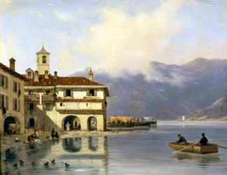 Como. Riva e porto di Menaggio (1850). Dipinto di Canella. Menaggio (Como).