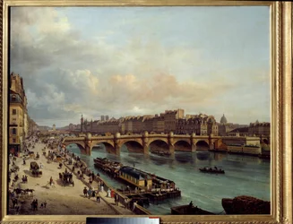 La città e il Pont Neuf visti dal Quai du Louvre. In primo piano, una barca lavatoio e la grande attività delle rive della Senna. Dipinto di Giuseppe Canella (1788-1847). 1832. Museo Carnavalet, Parigi