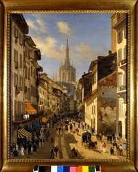 Veduta della Corsia dei Servi (attuale Corso Vittorio Emanuele) a Milano. Dipinto di Giuseppe Canella (1788-1847) 1834 Milano, Museo di Milano