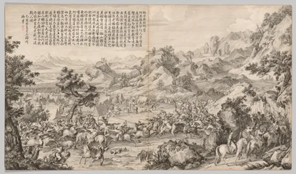 Attacco al campo di Gatan Ola: dalle Scene di battaglia della repressione delle ribellioni..., c. 1765-1774