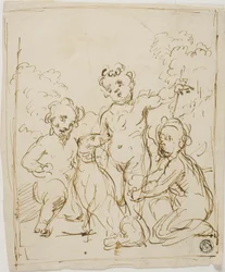 Tre putti e un cane in un paesaggio