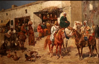 Cavalieri davanti a un negozio di seconda mano.