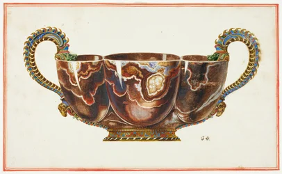 Bacino con maniglie smaltate, decorate con teste di drago e di ariete