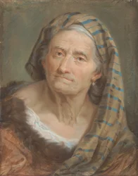 Una donna anziana con uno scialle a righe