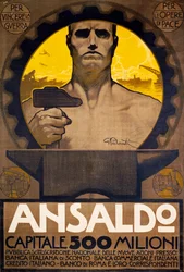 Operaio con martello e incudine, manifesto di Ansaldo di Genova per la sottoscrizione di nuove azioni