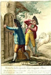 "Non ha senso chiudere la stalla quando i cavalli sono scappati." Incisione del XVIII secolo che illustra una serie di proverbi. Giuseppe Piattoli (1740/50-1818)