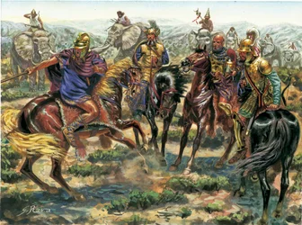 Antica Roma: rivolta di Amsicora (Hampsicora o ampsicora) (III secolo a.C.) Latifondista cartaginese contro il potere romano nel 215 a.C. - Antica Roma: ribellione di Ampsicora contro Roma nel 215 a.C. - Illustrazione di Giuseppe Rava