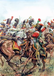 Battaglia di Austerlitz del 2/12/1805, battaglia tra i soldati della Grande Armata e i russi e austriaci - Illustrazione di Giuseppe Rava