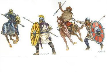 Cataphract che combatte un legionario romano e legionario romano che combatte un guerriero unno