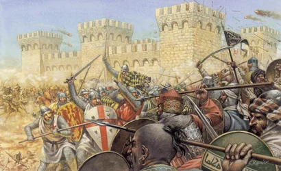 Crociata: combattimento tra crociati e saraceni vicino a una fortezza