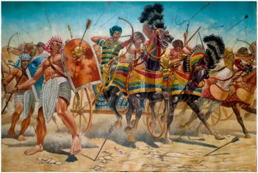 Antichità egizia: rappresentazione del faraone Ramses II (1304-1213 a.C.) con il suo esercito che guida i carri durante la Battaglia di Qadesh nel 1274 a.C. - Illustrazione di Giuseppe Rava