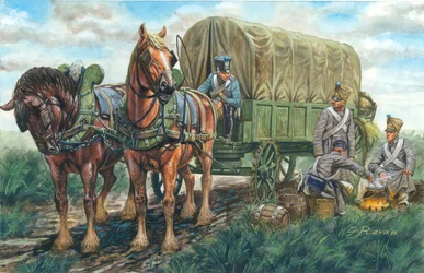 Primo Impero: la carrozza che trasporta il cibo del reggimento francese - Primo impero: carrozza francese per il trasporto del cibo - Illustrazione di Giuseppe Rava