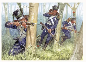 Primo impero: Soldati di fanteria leggera nei boschi - Illustrazione di Giuseppe Rava