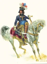 Joachim Murat (1767-1815) alla Battaglia di Aboukir nel 1799, durante la Spedizione in Egitto - Ritratto di Joachim Murat durante la Battaglia di Abukir (1799) - Illustrazione di Giuseppe Rava