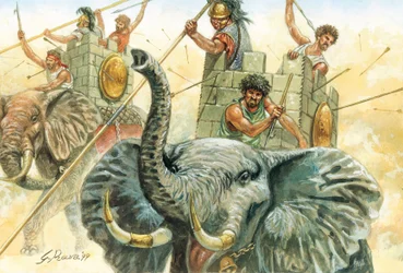 Antichità romana: gli elefanti di Annibale - rappresentazione degli elefanti che permisero al generale Annibale (247-183 a.C.) di attraversare le Alpi nel 218 a.C. durante la seconda guerra punica - Illustrazione di Giuseppe Rava