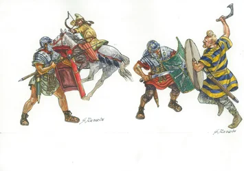 Legionari romani che combattono un arciere partico a cavallo e un guerriero franco