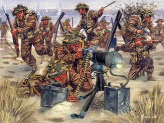 Seconda Guerra Mondiale: Sbarco in Normandia nel giugno 1944, soldati inglesi - WWII: sbarco in Normandia, le truppe britanniche, 6 giugno 1944 - Illustrazione di Giuseppe Rava