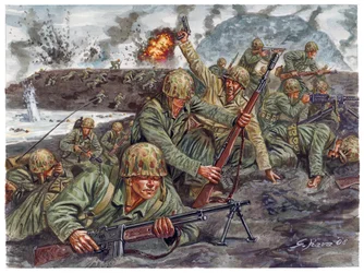 Seconda guerra mondiale, guerra del Pacifico: sbarco il 19/02/1945 del corpo anfibio dei Marines durante la battaglia di Iwo Jima in Giappone - WWII, guerra del Pacifico: battaglia di Iwo Jima (Operazione Detachment), sbarco anfibio dei Marines USA il 19 f